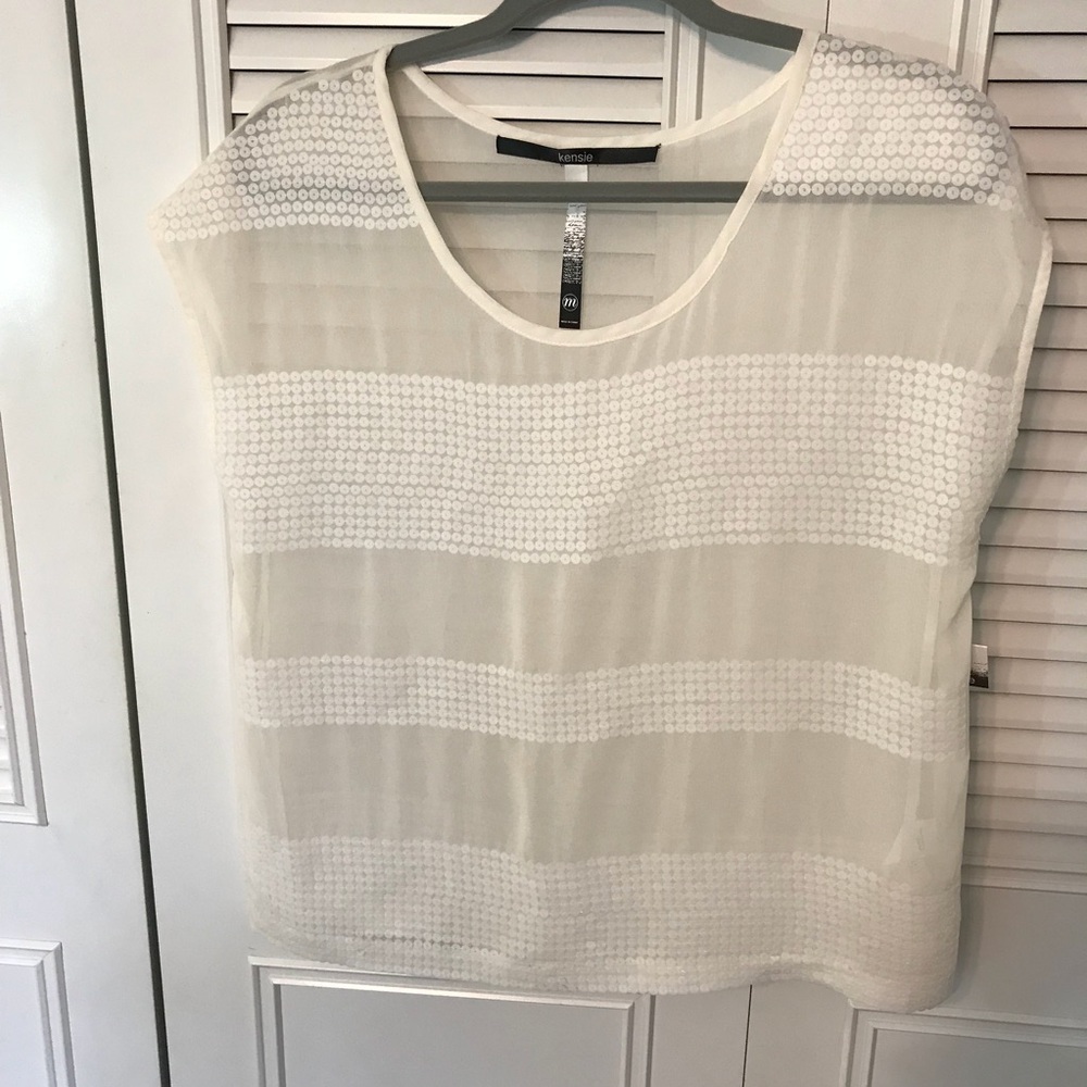 Kensie Sheer Top Ivory Sequins Short Sleeve Festival Concert Sz Med